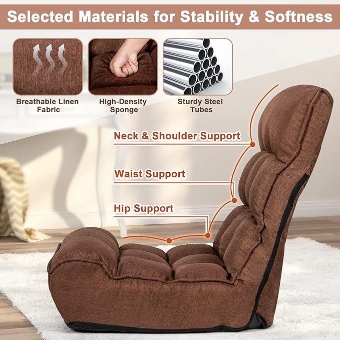 COSTWAY Folding Floor Lounge Chair Floor Gaming Chair with 5-Position Adjustable Head &amp 4-Position Adjustable Backrest Indoor Lazy Sofa Recliner for Bedroom Living Room (Brown)