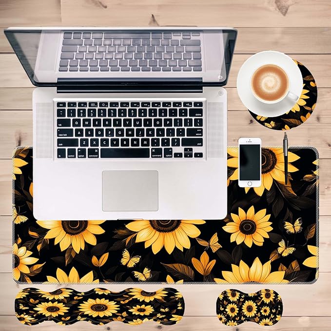 Keyboard Mouse Pad SetLarge Desk Pad+Keyboard Wrist Rest+Mouse Wrist Support+CoasterEasy Typing Pain Relief Non-Slip Wrist Support Mousepad Set Home OfficeSunflowers and Butterflies