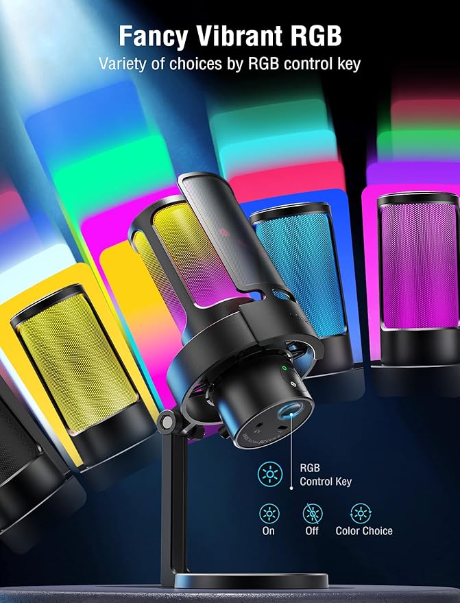FIFINE Gaming USB Microphone PC Computer Mic with 4 Polar Patterns for Podcast Streaming Recording YouTube RGB Condenser Desktop Mic for Windows Mac with Headphone Jack-AmpliGame A8 Plus