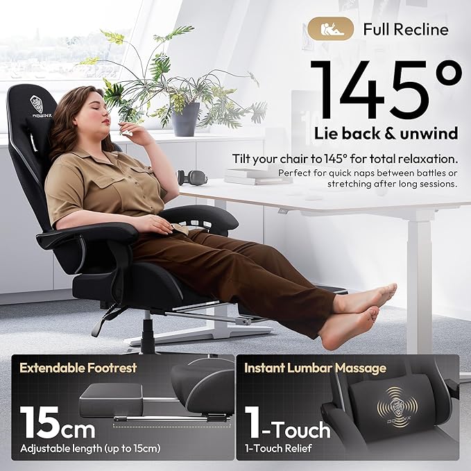 Dowinx Gaming Chair Fabric Big and Tall with Pocket Spring Cushion Massage Game Chair Cloth with Headrest Ergonomic Computer Chair with Footrest 350LBS Black