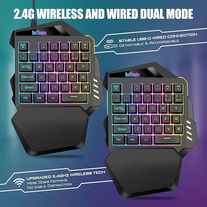 RedThunder Wireless One-Handed Gaming Keyboard 2.4Ghz RGB Backlit Mini Gaming Keypad Rechargeable 2000mAh Battery for PC Gamer