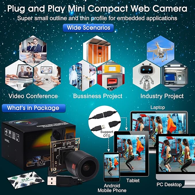 1080P USB Camera Module 0.01Lux Low Light Camera with 2.8-12mm Varifocal Lens H.264 2MP CMOS IMX323 UVC Industrial Webcam Board for Window Linux Android Mac OS