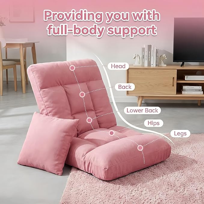 Folding Floor Chair with Back Support 5 Adjustable Position Padded Sleeper Bed Couch Recliner Gaming Floor Chairs for Adults Meditation Living Room