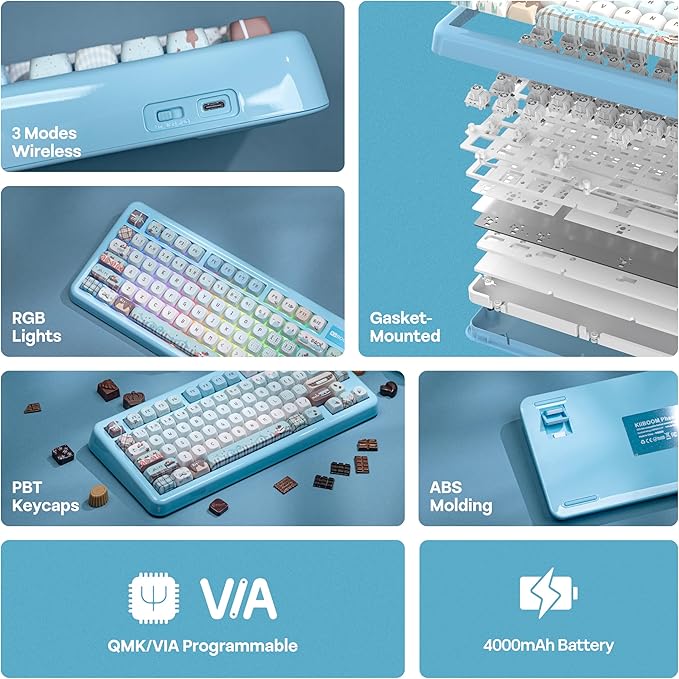 KiiBoom Phantom81 Lite 75% Gasket Mechanical Keyboard QMK&ampVIA Programmable 3 Modes Wireless Gaming Keyboard RGB Backlights ABS Case + UV Tech Hot-Swappable for Windows/Mac/Linux (Blue)