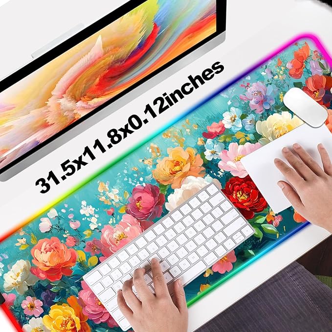 RGB Colorful Flower Peony Gaming Desk Mat Computer Keyboard Large Extended Long Floral LED Mouse Pad for Office and Home XL (W28)