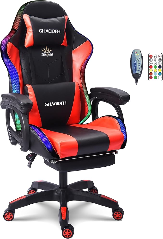 Video Gaming Chair with Speaker and RBG LightErgonomic Gaming Chair with Footrest and Massage Function90°-135° Comfortable Computer Reclining ChairAdults Teens Computer Chair.Red