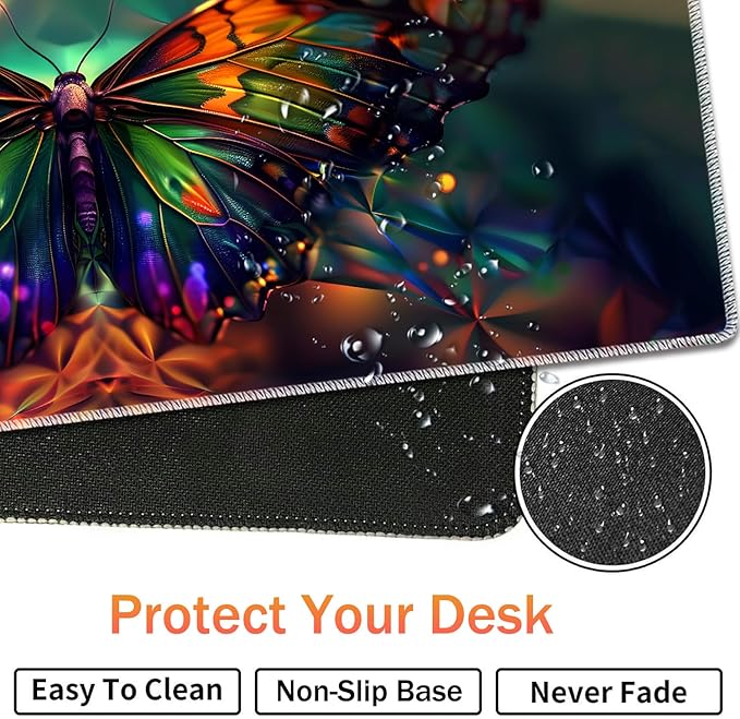 Extended Non-Slip Mouse Pad + Mouse Wrist Rest + Lace-Shaped Coaster Set Ergonomic Design Suitable for Desk and Home Gaming Table Mat Psychedelic Butterfly