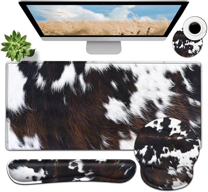 Large Mouse Pad Ergonomic Mouse Pad with Wrist Rest and Keyboard Wrist Rest 4 in 1 Set 31.5 x11.8 inch Extended Desk Pad for Home Office Cute Funy Faux Black Brown Cowhide Fur XXL Gaming Mouse Mat
