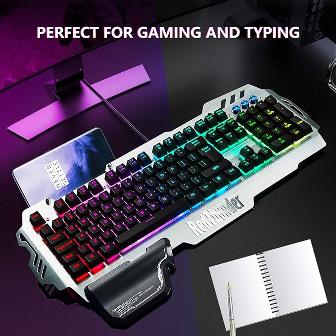 RedThunder K900 Gaming Keyboard RGB Backlit Semi-Mechanical with Wrist Rest Water-Resistant USB Wired Hybrid Ergonomic Teclado Gamer for Desktop Computer PC Mac PS4