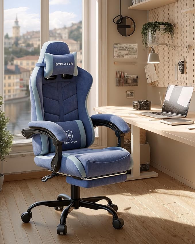 GTPLAYER Gaming Chair for Adults Ergonomic Computer Gaming Chair with Footrest Height Adjustable 90-155° Recline &amp Removable Headrest Lumbar Support Blue