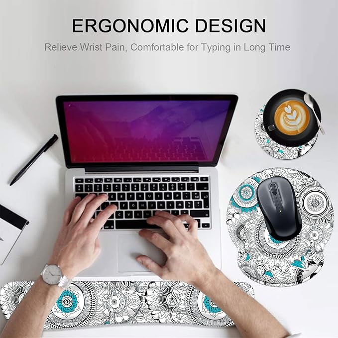 Keyboard Wrist Rest and Mouse Pad Wrist Support Set with CoastersNon-Slip PU Base Ergonomic Gaming Mousepad for Home Office Working Studying Easy Typing &amp Pain ReliefMandala Flowers