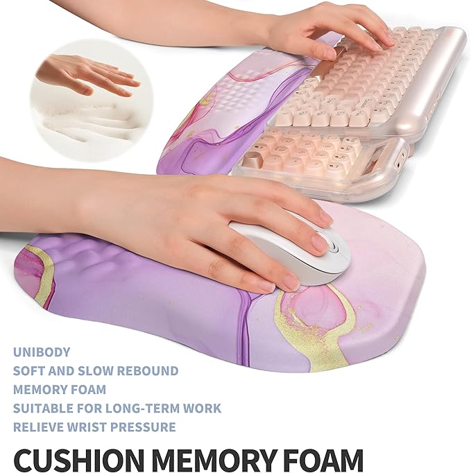 2-in-1 Ergonomic Set Wave Keyboard Wrist Rest and Massage Slope Mouse Pad Wrist Support Rebound Memory Foam for Relieve Carpal Tunnel Syndrome and Wrist Pain (Pink Purple Marble)
