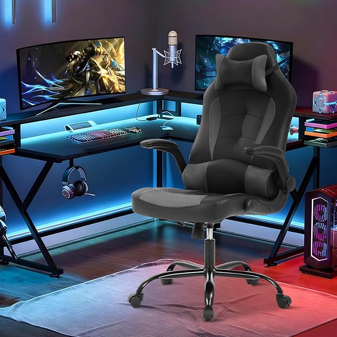 Gaming Chair Racing Chair with Lumbar Support - High Comfort PU Leather Ergonomic Office Desk &amp PC Gaming Chair for Adults Men Women - Flip-Up Arms &amp Headrest Grey