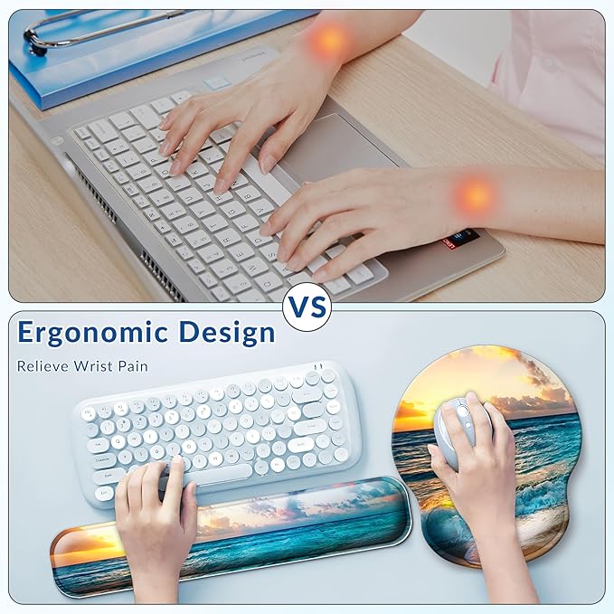 Desk Mat Set + Keyboard and Mouse Pad with Wrist Rest Support4-in-1 Large Mousepad Computer Mats for Desktop Home &amp Office-Sunset Sea