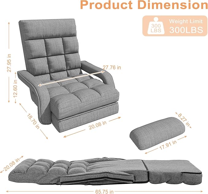 Floor Gaming Chair with 6 Adjustable Position Foldable Lazy Sofa Chair with Armrest for Adult Comfy Chaise Lounge Indoor Breathable Floor Bed Sleeper for Bedroom Yoga Dorm