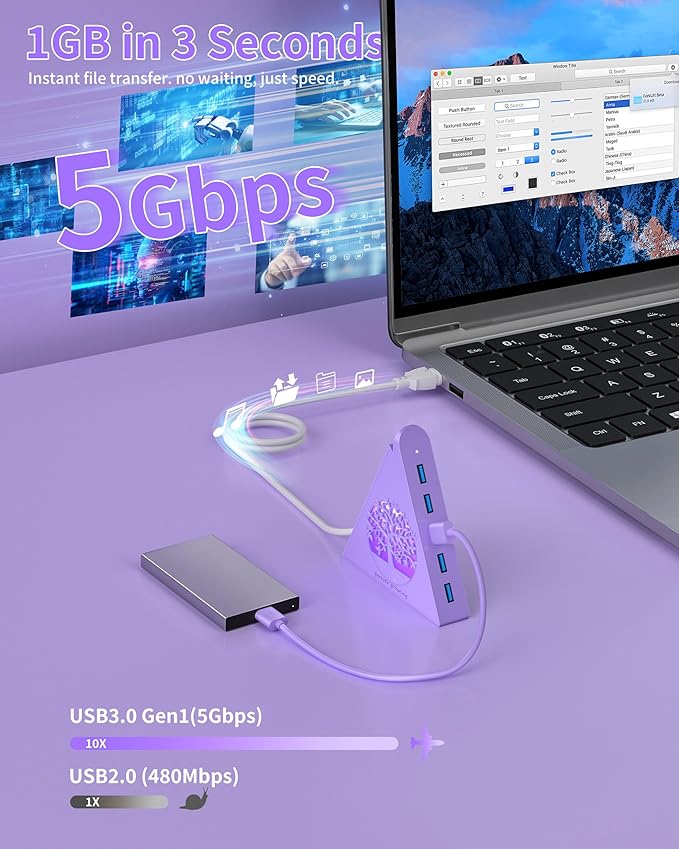 7-Port USB 3.0 Hub Light Purple Vertical USB Splitter with Tree-Inspired RGB Lights 5Gbps High-Speed Transfer 2FT Cable Compatible with MacBook PC Flash Drive Console Printer Camera