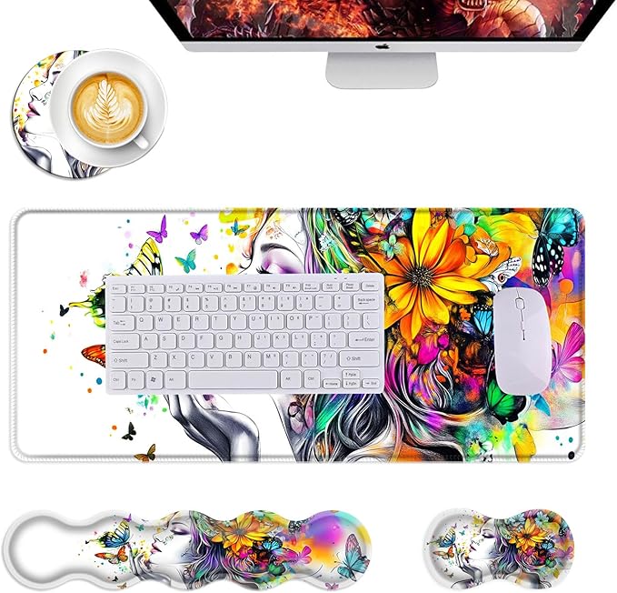 Mouse PadLarge Desk Mat Set 4in1 XL Mousepad + Keyboard Wrist Rest+Mouse Wrist Rest+Coaster with Ergonomic Desk Pad for Home Office Table Computer Cover -Woman with Floral Hair