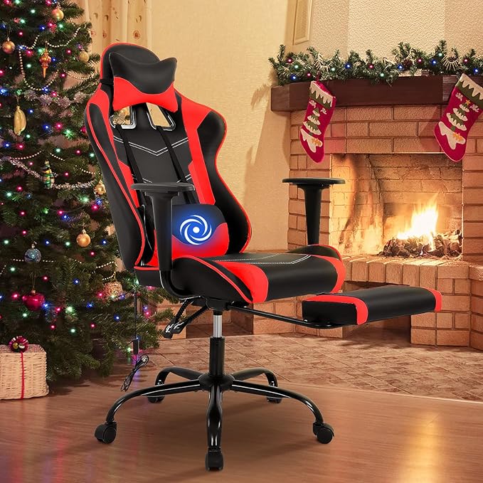 BLKMTY Massage Gaming Chair with Footrest Ergonomic Office Chair Racing Computer Chairs PU Leather with High Back Lumbar Support Headrest Reclining Chairs Red