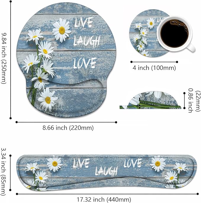 Keyboard Wrist Rest + Mouse Pad Wrist Support Set with Coasters Dreamy Daisy Vintage Wood Board Live Laugh Love Design Non-Slip PU Base Ergonomic Mousepad for Home Office Working Studying