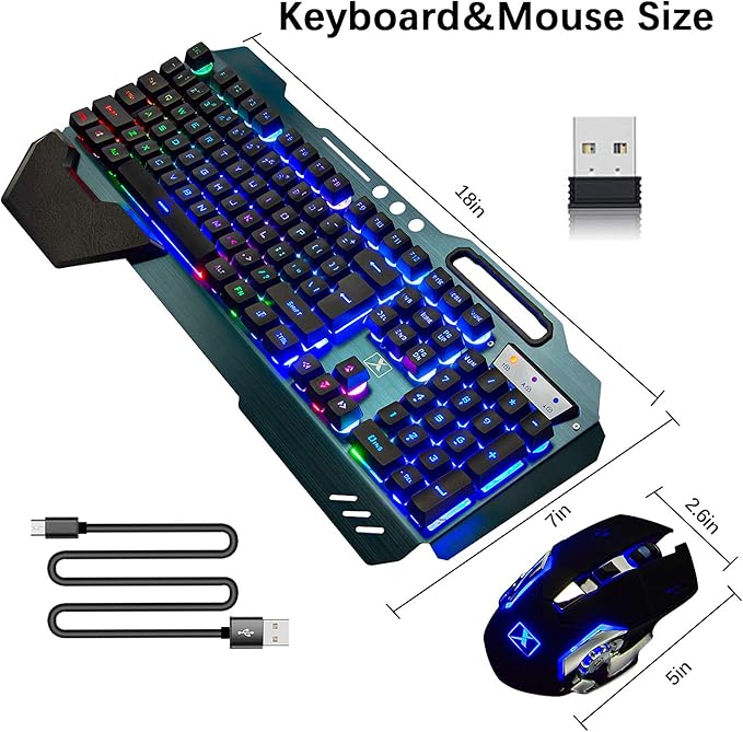Wireless Gaming Keyboard and MouseRainbow Backlit Rechargeable Keyboard Mouse with 3800mAh Battery Metal PanelRemovable Hand Rest Mechanical Feel Keyboard and 7 Color Gaming Mute Mice for PC Gamers