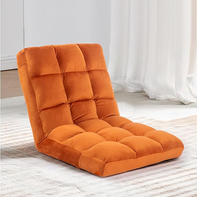 Floor Chair 24 inches Wide Oversized Velvet Armless Lay Flat Floor seat Padded Meditation Chair with 6 Adjustable Position Ergonomic Comfortable Convenient(LRSF-007-ORANGE)
