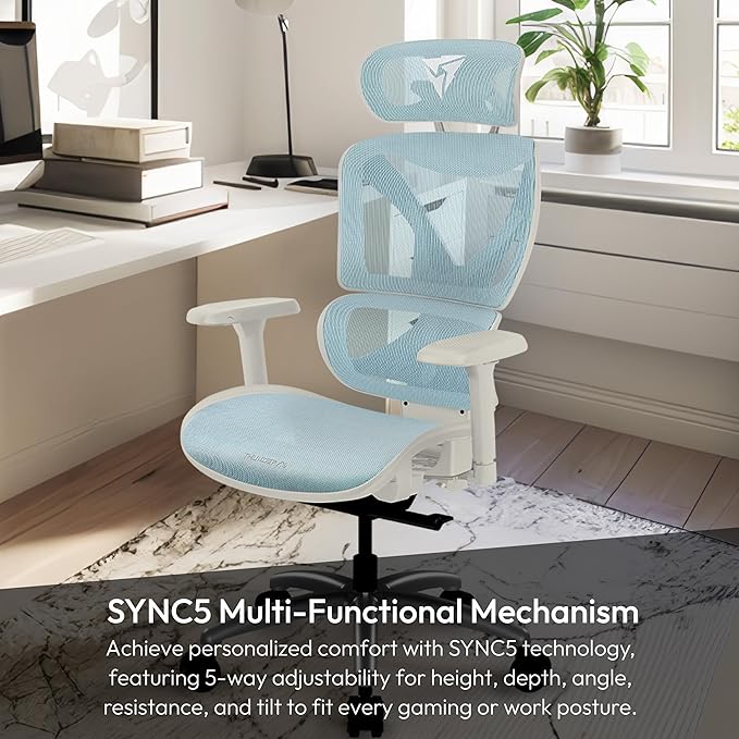 ThunderX3 XTC Ergonomic Office Chair for Adults Gaming Chair High Back Desk Chair Synchronous Tilt Self-Adjusting Lumbar Support and Backrest Adjustable Headrest Chroma Mesh White Blue
