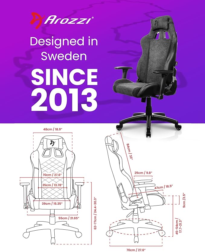 Arozzi Avanti Gaming Chair - Soft Fabric Ergonomic Gaming Chairs for Adults - Adjustable Height Backrest &amp Armrest with Head Pillow - Home Office Setup Professional Computer Chairs Dark Grey
