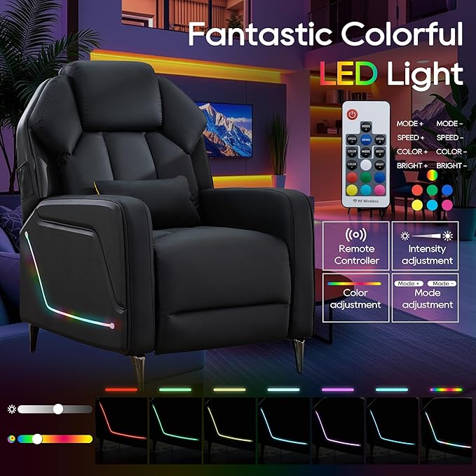 TUNYI Gaming Recliner Chair Racing Style Push-Back Reclining Sofa with Colorful LED Ergonomic Home Theater Seating Video Game Sofa for Gaming Room Living Room (Black)