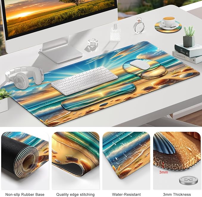 Gaming Mouse Pad Large Desk Mat Cute Desk Pad Protector 4in1 XXL Mousepad + Keyboard Wrist Rest+Mouse Wrist Rest+Coaster Set with Ergonomic Desk Pad for Home Office Computer Beach Sun Shell
