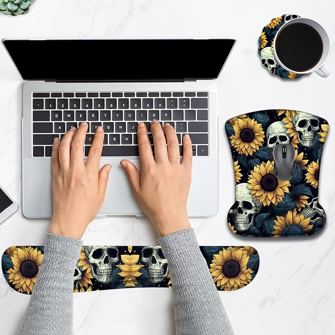 Keyboard Wrist Rest and Mouse Pad Wrist Support with Lace-Shaped Coaster Set Ergonomic Gel Memory Foam and Anti-Slip Base Easy Typing and Pain Relief - Skull Sunflower