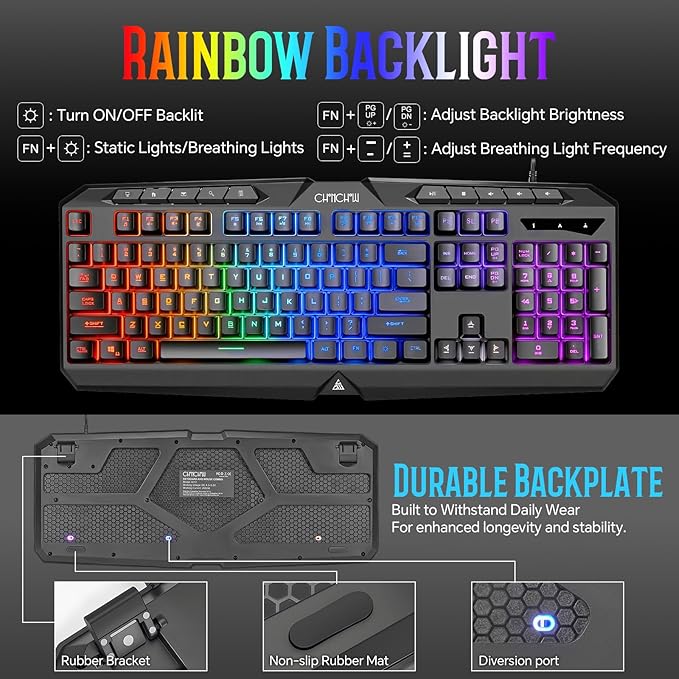 Wired Gaming Keyboard and Mouse Combo with LED Backlit10 Dedicated Multimedia Keys 19 Anti-ghosting Keys Light Up Computer Keyboard Programmable 7200 DPI RGB Mice with Software for PC Xbox PS5 PS4