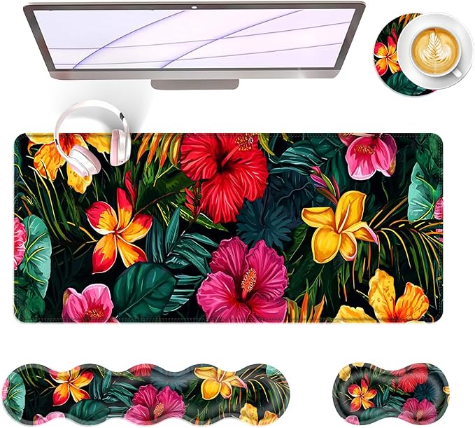 Large Keyboard Mouse Pad Set Extended Mouse Pad+Keyboard Wrist Rest Support Memory Foam Ergonomic Easy Typing 4Pcs (31.5×11.8 in) Desk Pad Set for Office HomeVibrant Tropical Flower