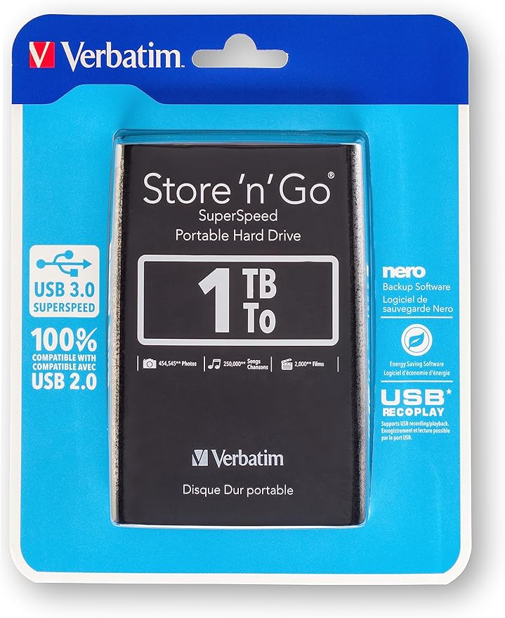 Verbatim 53023 1TB Store 'n' Go USB 3.0 2.5 Inch External Hard Drive - Black
