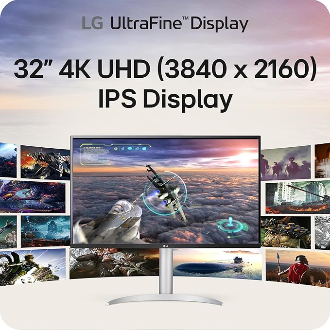 LG 32UP83AK-W 32-inch Ultrafine 4K UHD (3840 x 2160) IPS Computer Monitor 60Hz HDR10 Built-in Speaker Reader Mode HDMI DisplayPort USB Type-C 60W PD Tilt/Height/Pivot Adjustable Stand White