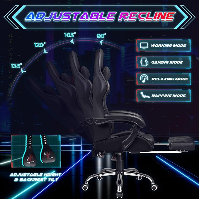Shahoo Gaming Chair with Footrest and Massage Lumbar Support Ergonomic Computer Seat Height Adjustable with 360°Swivel and Headrest Black