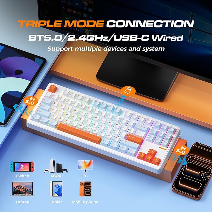 Linky 87 Wireless Mechanical KeyboardTri-Mode BT5.0/2.4GHz/USB-C Hot Swappable Custom Keyboard Linear SwitchesRGB Backlit Computer Gaming Keyboards for PC/Tablet/PS/Xbox(Ocean Sunrise)