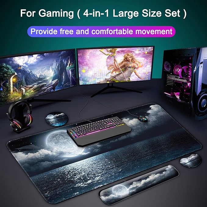 Keyboard Wrist Rest + Mouse Pad with Wrist Support + Desk Mat + Coaster 4 in 1 Set XXL Large Gaming Mousepad Cute Ergonomic Mouse Pads for Desk Computer Laptop Office Decor-Moon Ocean