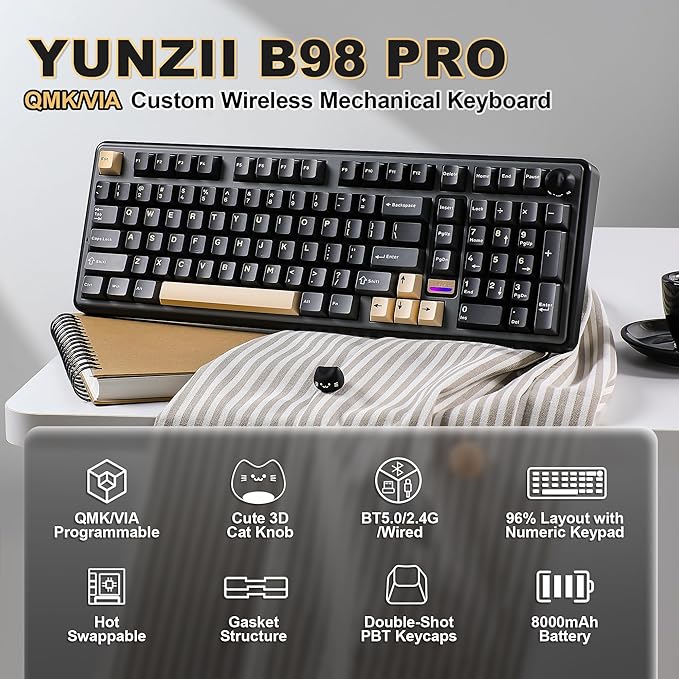 YUNZII B98 PRO QMK/VIA Wireless Mechanical Gaming Keyboard 96% Layout with Numpad and Cute Cat Knob BT/2.4G/USB-C Pre-Lubed Switch Hot Swap Gasket RGB for Win/Mac (Black Milk V2 Linear Switch)