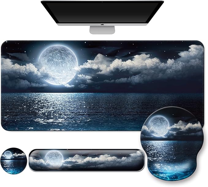 Mouse Pad + Desk Mat + Keyboard Wrist Rest + Coaster 4 in 1 Set Cute Ergonomic Large Gaming Mousepad with Wrist Rest Support Desk Pad for Computer Laptop Office Home Decor-Moon Ocean