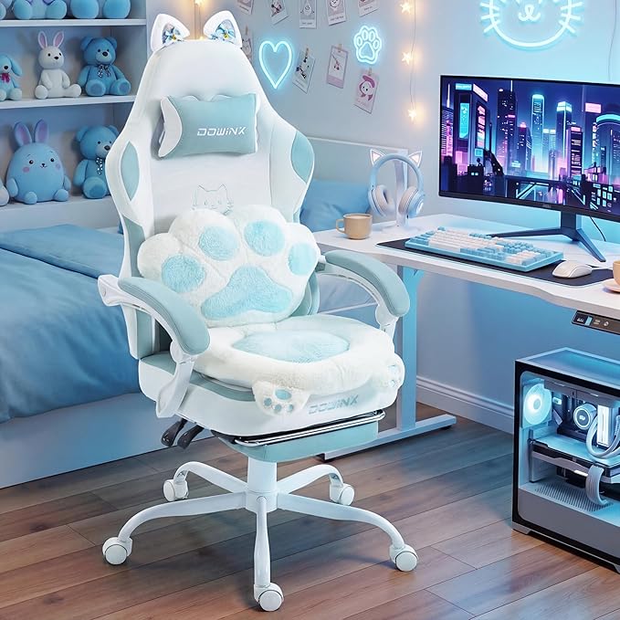 Dowinx Gaming Chair with Cat Ears and Paw Lumbar Pillow Ergonomic Reclining Chair Memory Foam and Spring Cushion Footrest 300lbs Capacity Cute and Comfortable Design for Women &amp Girls