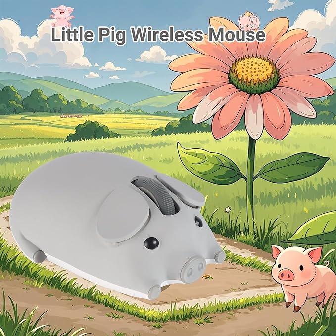elec Space Cute Pig Design Wireless Mouse Dual Mode Bluetooth &amp USB Mouse Silent Operation Ergonomic Perfect for Laptops &amp PCs Ideal Gift for Animal Lovers and Family(Gray)