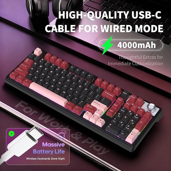 98% Wireless/Wired Membrane Keyboard for Gaming/Officewith knob4000mAh BatteryBT5.0/2.4G/USB-CRGB Backlit PBT KeycapsCompatible with PC/MacBonus Keycaps 2 Sets(8 Each)Computer Keyboard