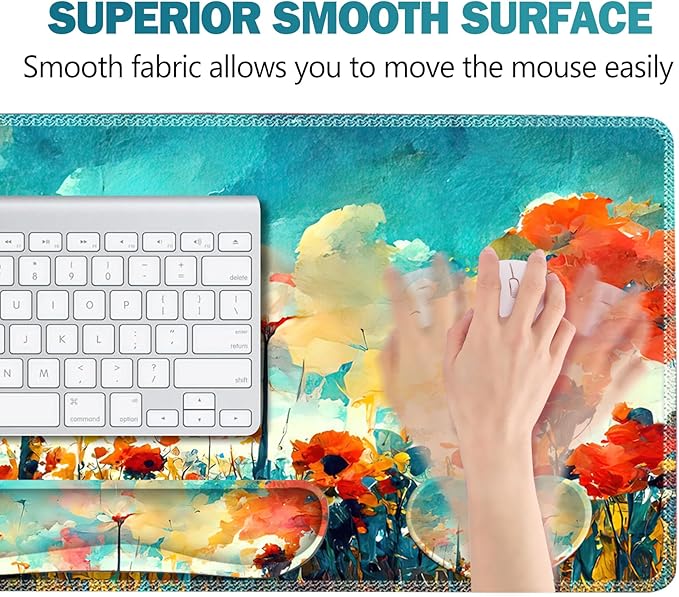ARTSO Gaming Mouse Pad Wrist Support Set XXL Large Desk Mat Mousepad + Keyboard Wrist Support+ Mouse Wrist Rest+Coaster 4in1 Ergonomic Stitched Edge for Home Office -Oil Painting Flowers Plants