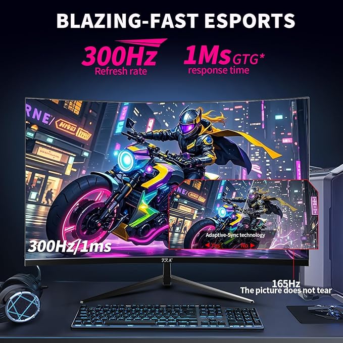 ZZA 32 Inch Curved Gaming Monitor QHD 2560x1440 Ultra 300Hz &amp 240Hz Refresh Rate Computer Monitor VA Panel1500R 1ms HDR AMD FreeSync Premium NVIDIA G-SYNC Compatible