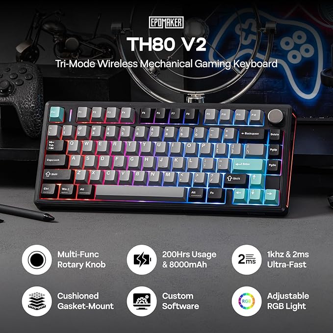 EPOMAKER TH80 V2 75% Wireless Mechanical Keyboard with Metal Knob 8000mAh 2.4Ghz/BT/USB-C RGB Hot Swap Custom Driver PBT Keycap Wireless Gaming Keyboard for PC/Mac (Black Creamy Jade)