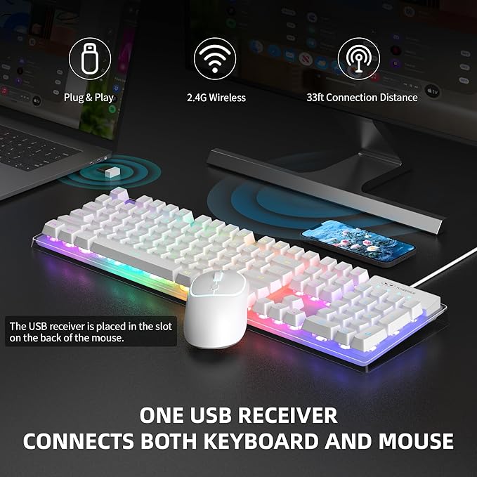 MageGee V550 Wireless Gaming Keyboard and Mouse 2.4G Full-Sized RGB LED Computer Keyboards with Transparent Shell Rechargeable Quiet Cordless Mouse &amp Keyboard Combo for Laptop/PC/Desktop (White)
