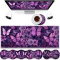 Mouse Pad Combo Large Gaming Mouse Pad + Keyboard Wrist Support + Mouse Wrist Rest + Coaster Table Pad 31.5 x 11.8 with Memory Foam Ergonomic Wrist Pad Set Butterflies Purple and Purple Flowers