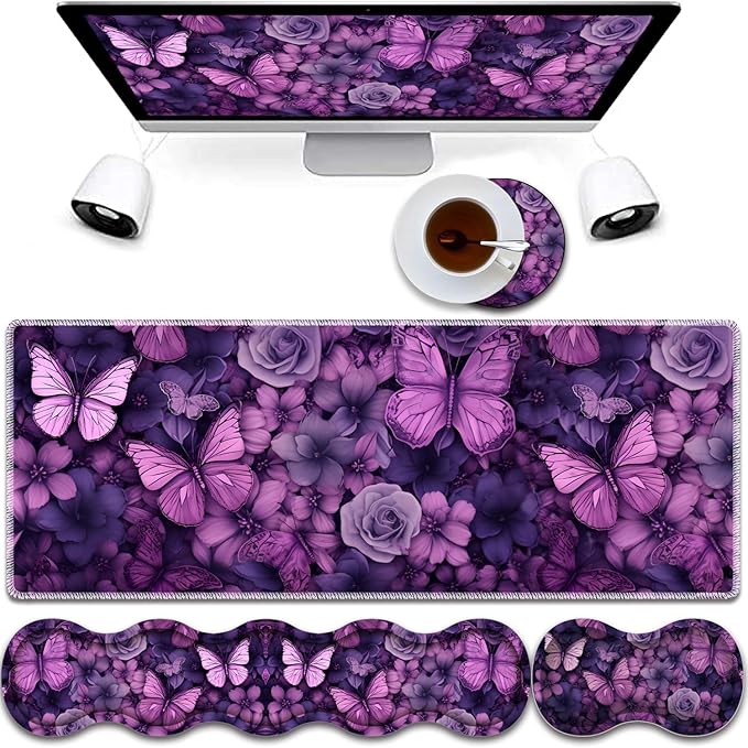 Mouse Pad Combo Large Gaming Mouse Pad + Keyboard Wrist Support + Mouse Wrist Rest + Coaster Table Pad 31.5 x 11.8 with Memory Foam Ergonomic Wrist Pad Set Butterflies Purple and Purple Flowers