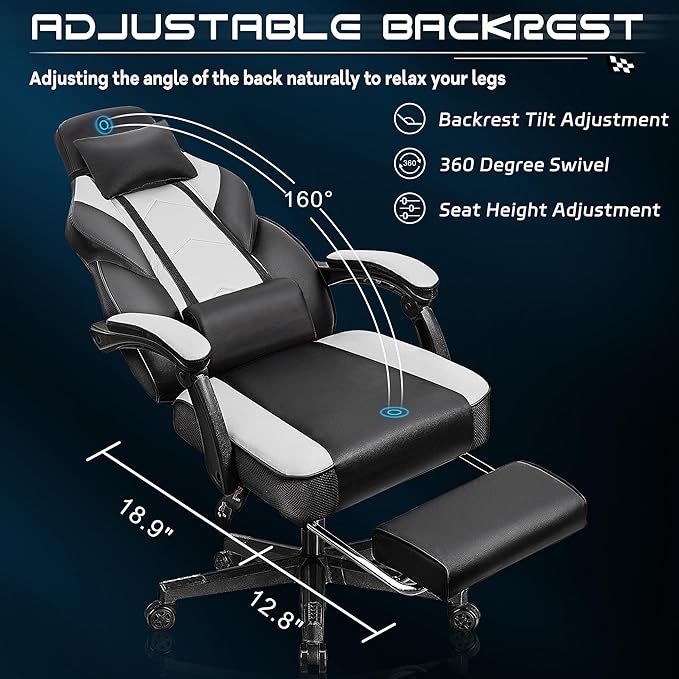 Gaming Chair for Adults Gaming Chairs with Footrest Ergonomic Video Game Chair with Massage Lumbar Big and Tall Computer Chair Height Adjustable with Headrest and 360° Swivel Seat White