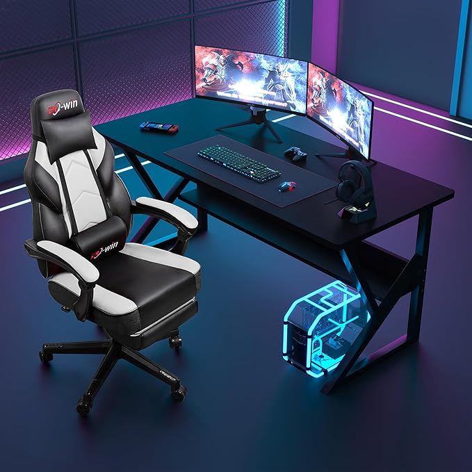 Video Gaming Chair for Adults Computer Chair with Footrest and Ergonomic High Back Big and Tall Gamer Chair with Massage Lumbar Support 360° Swivel Height Adjustable Computer Chair White
